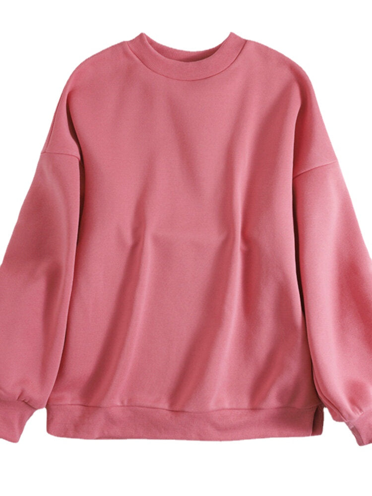 Women Solid Color Thick Round Neck Puff Sleeve Narrow Cuff Long Sleeve Pullover Sweatshirt Main image