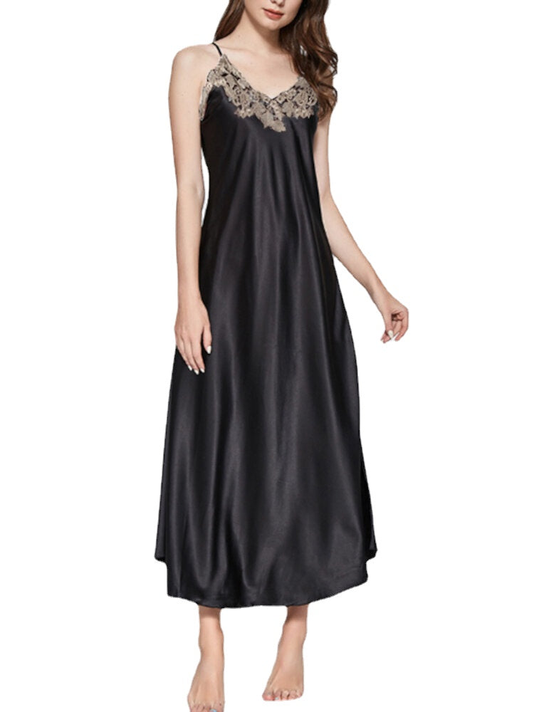 Women's Lace Satin V-Neck Sleeveless Nightgown Dress