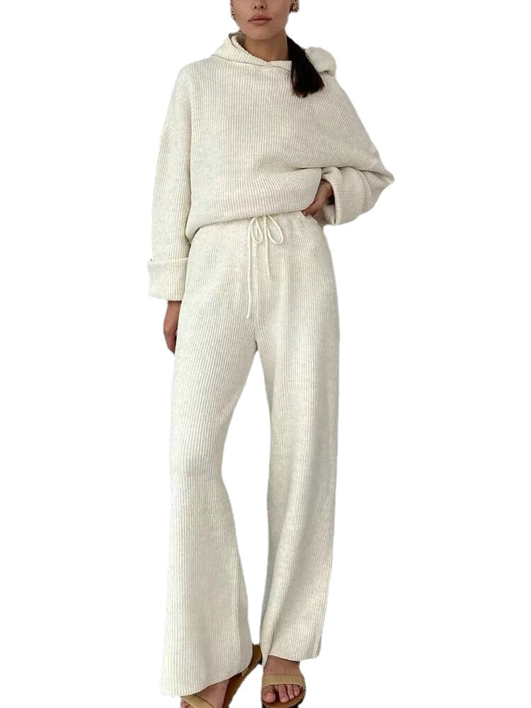 Women Solid Rib-Knit Hoodie Drawstring Wide Leg Pants Casual Long Two-Piece Set