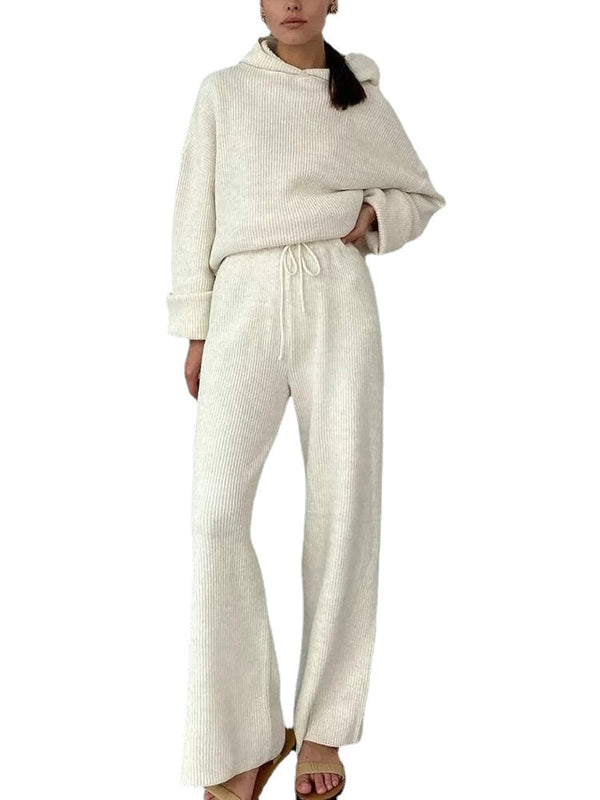 Women Solid Rib-Knit Hoodie Drawstring Wide Leg Pants Casual Long Two-Piece Set