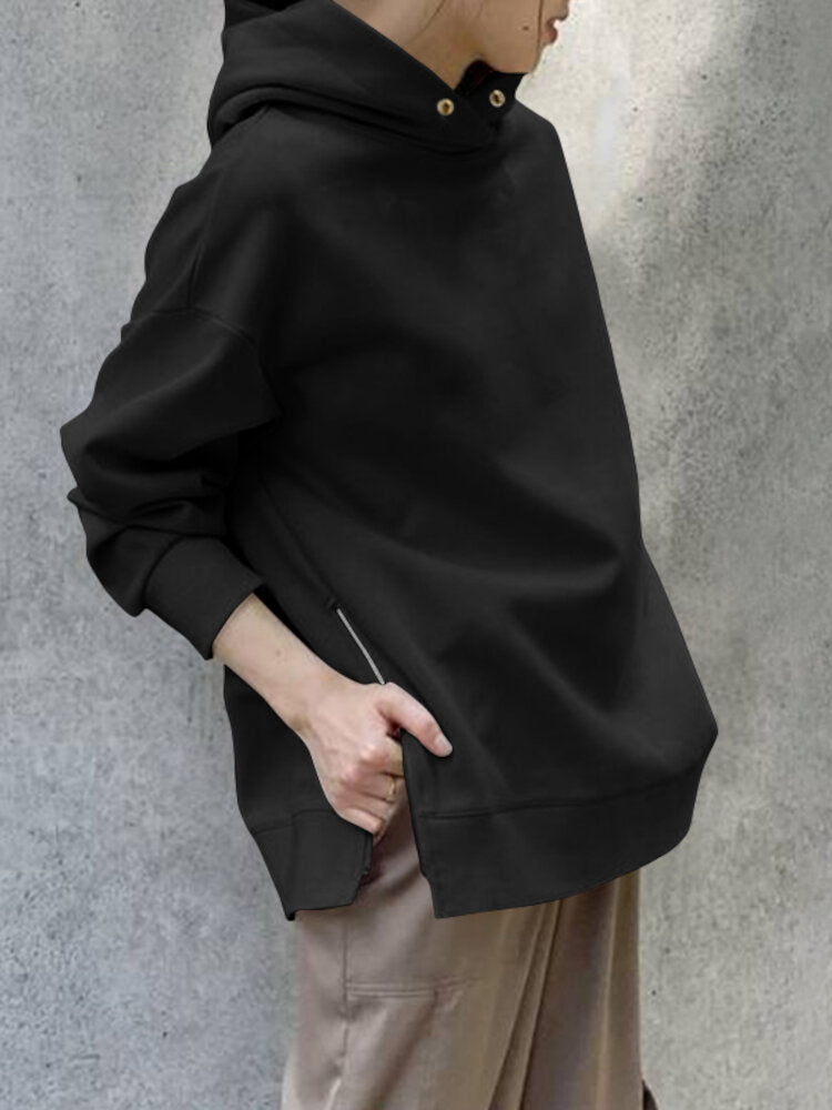Women Korean Style Zipper Split Hem Commute Solid Hoodie Secondary image