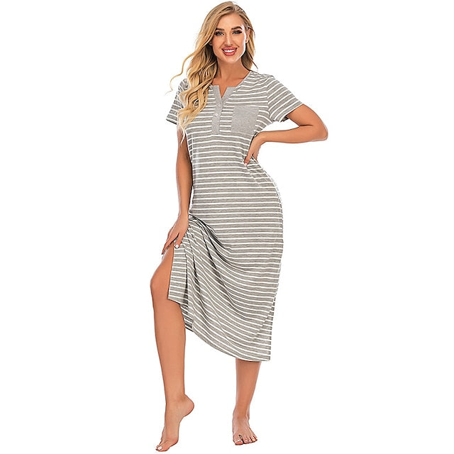 Women's Pajamas Nightgown Nighty Pjs Stripe Comfort Party Home Daily Cotton Gift Short Sleeve Spring Summer Royal Blue Grey