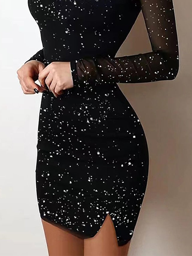 Women‘s Party Dress Wedding Guest Dress Sequin Dress Holiday Dress Mini Dress Black Long Sleeve Pure Color Sequins