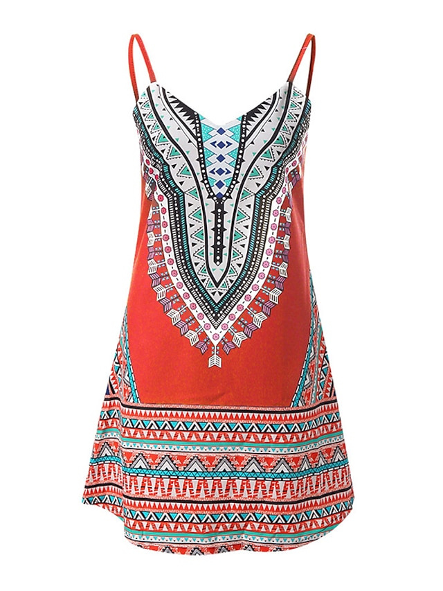Women's Sleeveless Geometric Print Vacation Weekend Strap Dress