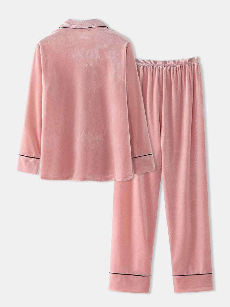 Plus Size Velvet Pajama Set: Lapel Button Top & Loose Straight Pants for Women Main image