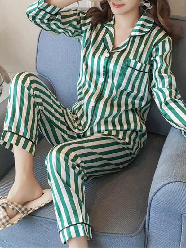 Women's Striped Revere Collar Pajama Set - Button-Up Long Sleeve Shirt & Pants Secondary image