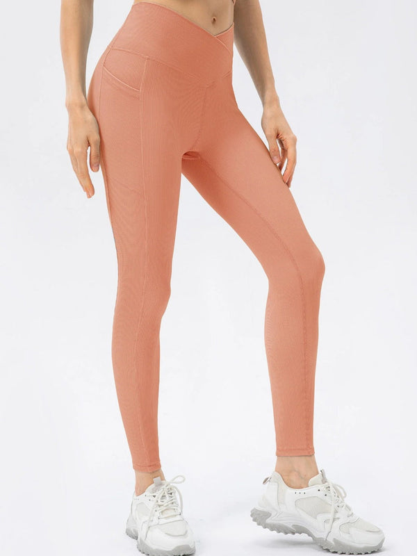 Women Sports Leggings Yoga Tights with Pockets Ribbed Pants