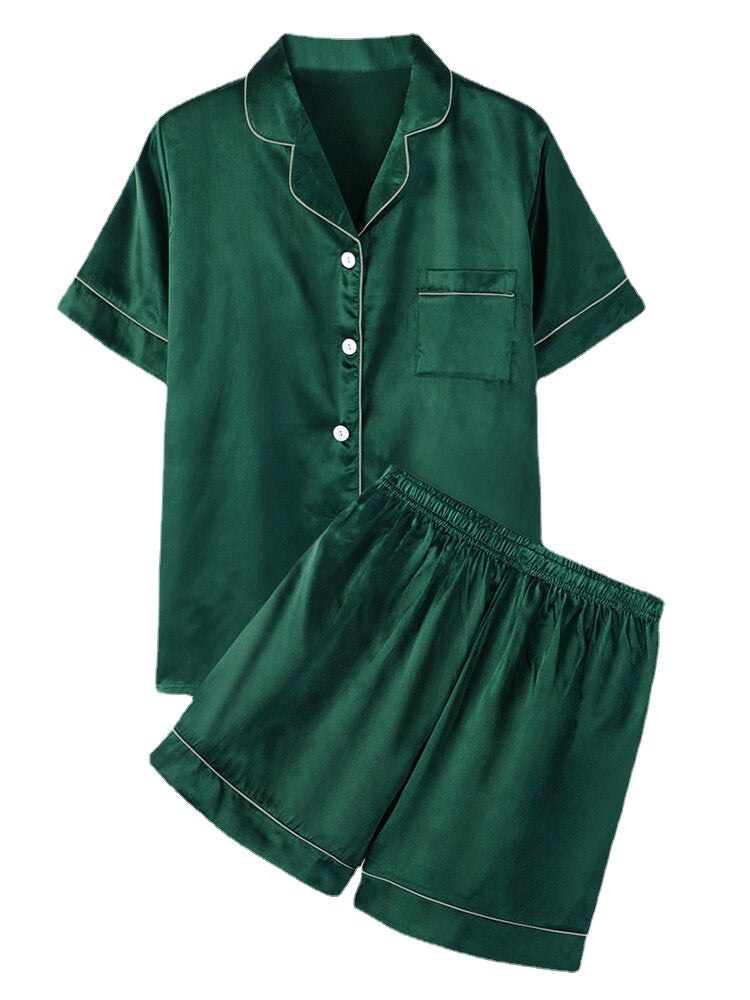 Plus Size Women's Faux Silk Pajama Set - Solid Color, Revere Collar, Smooth & Casual
