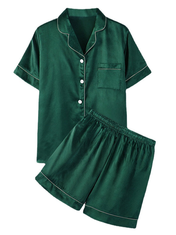 Plus Size Women's Faux Silk Pajama Set - Solid Color, Revere Collar, Smooth & Casual