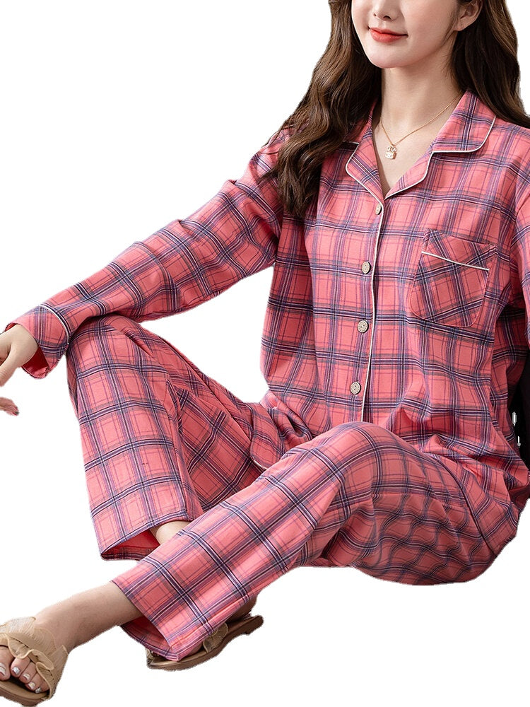 Women's Plaid Revere Collar Shirt & Elastic Waist Pants Pajama Set