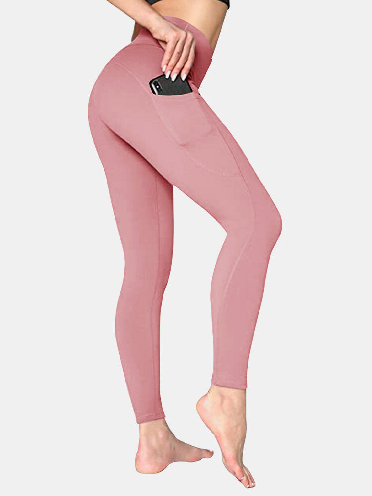 Women Solid Color Side Pocket Hip Lift Sport Yoga Legging Secondary image