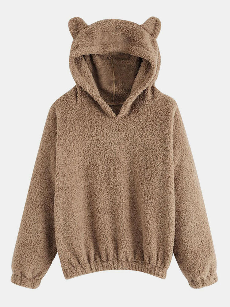 Cutie CasualSolid Color Fuzzy Ear Long Sleeve Patchwork Teddy Hoodies