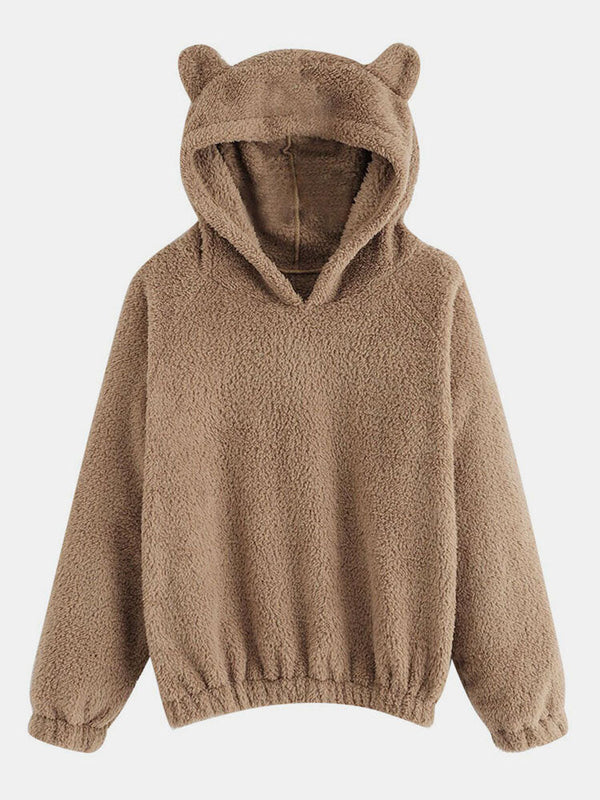 Cutie CasualSolid Color Fuzzy Ear Long Sleeve Patchwork Teddy Hoodies