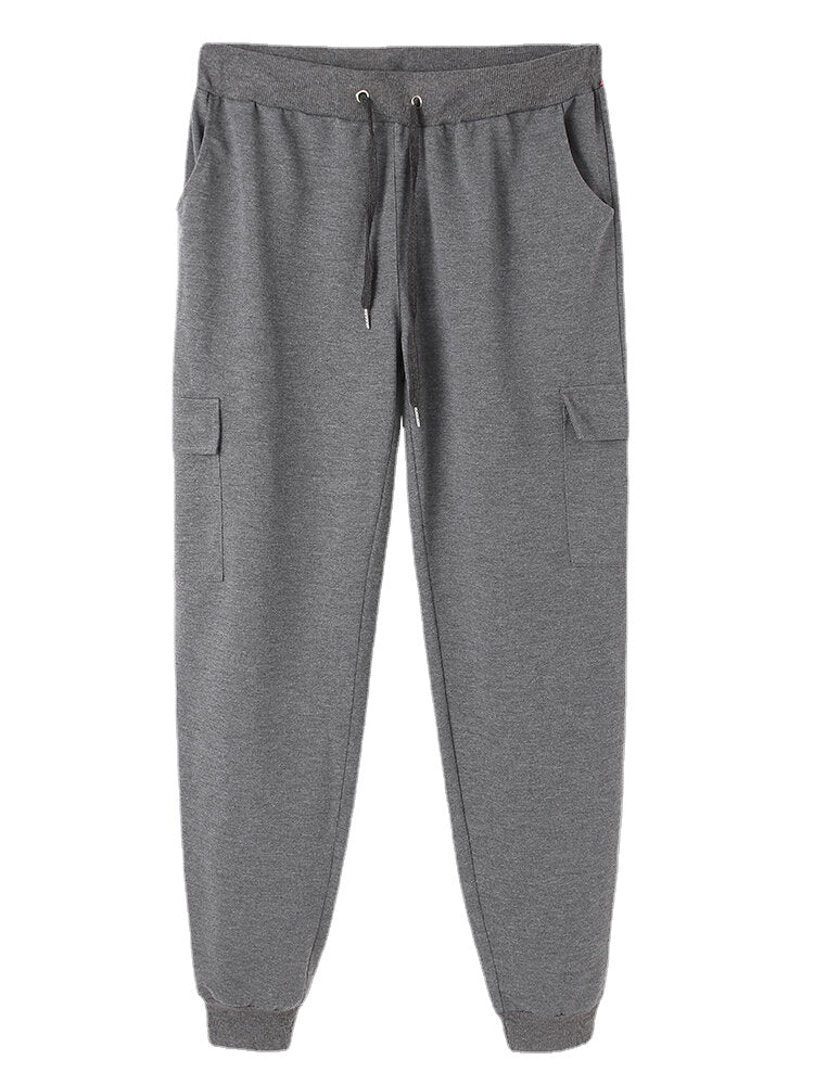 Men Cotton Solid Color Multi Pocket Drawstring Jogger Pants