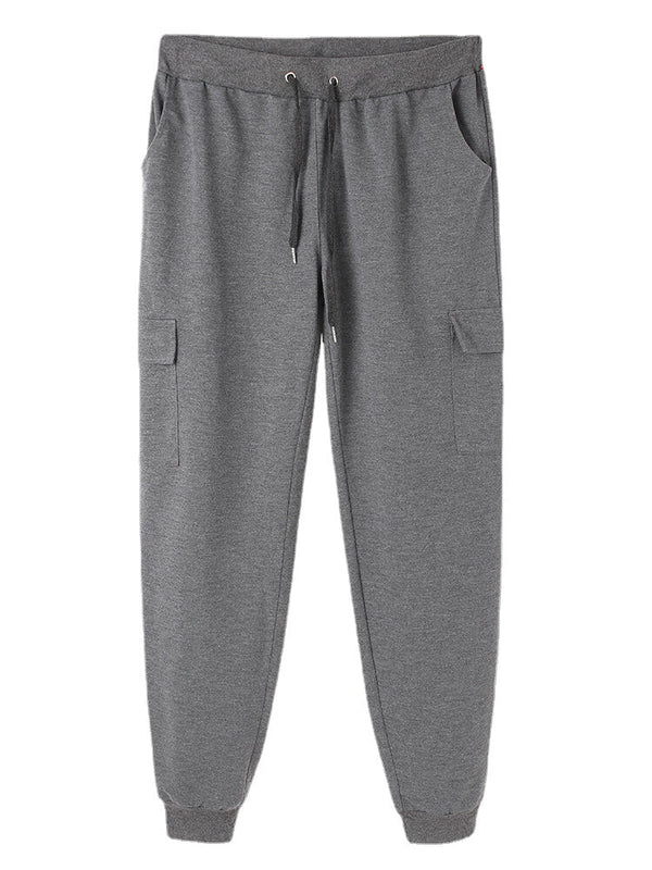 Men Cotton Solid Color Multi Pocket Drawstring Jogger Pants