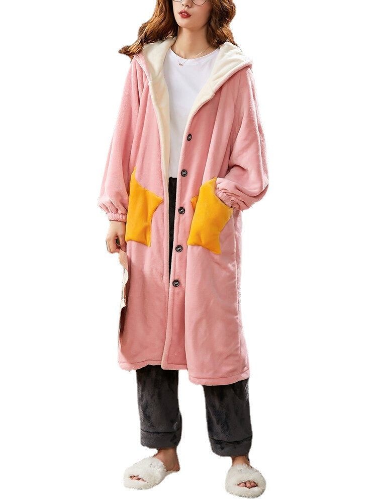 Women's Warm Hooded Coral Fleece Robe with Double Star Pockets