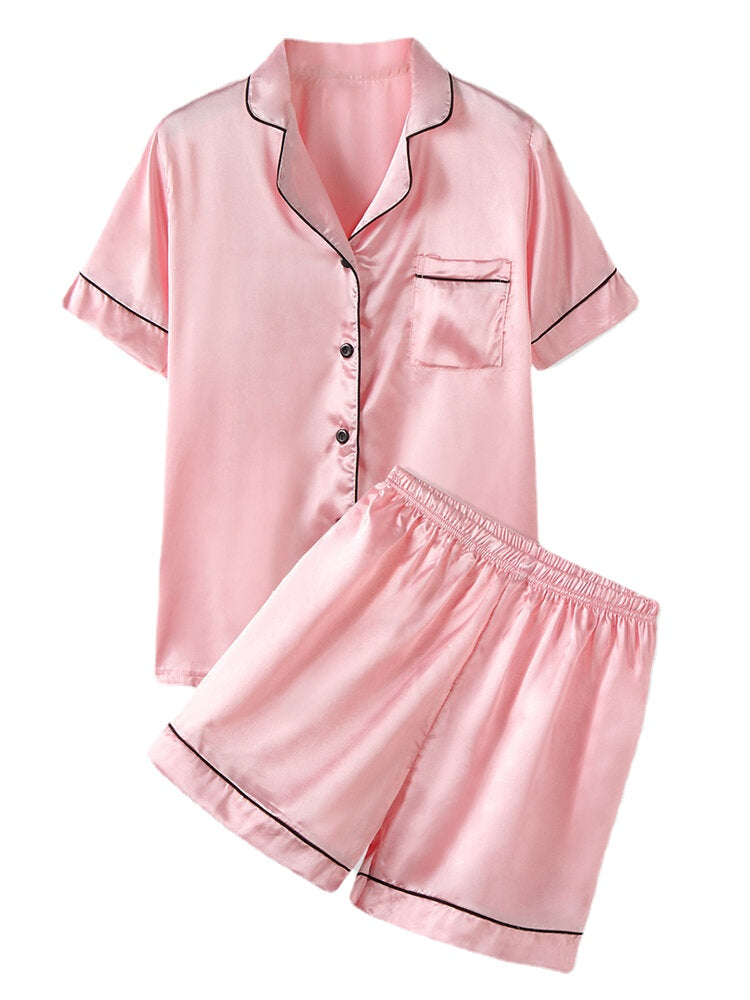 Plus Size Women's Faux Silk Pajama Set - Solid Color, Revere Collar, Smooth & Casual