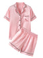 Plus Size Women's Faux Silk Pajama Set - Solid Color, Revere Collar, Smooth & Casual
