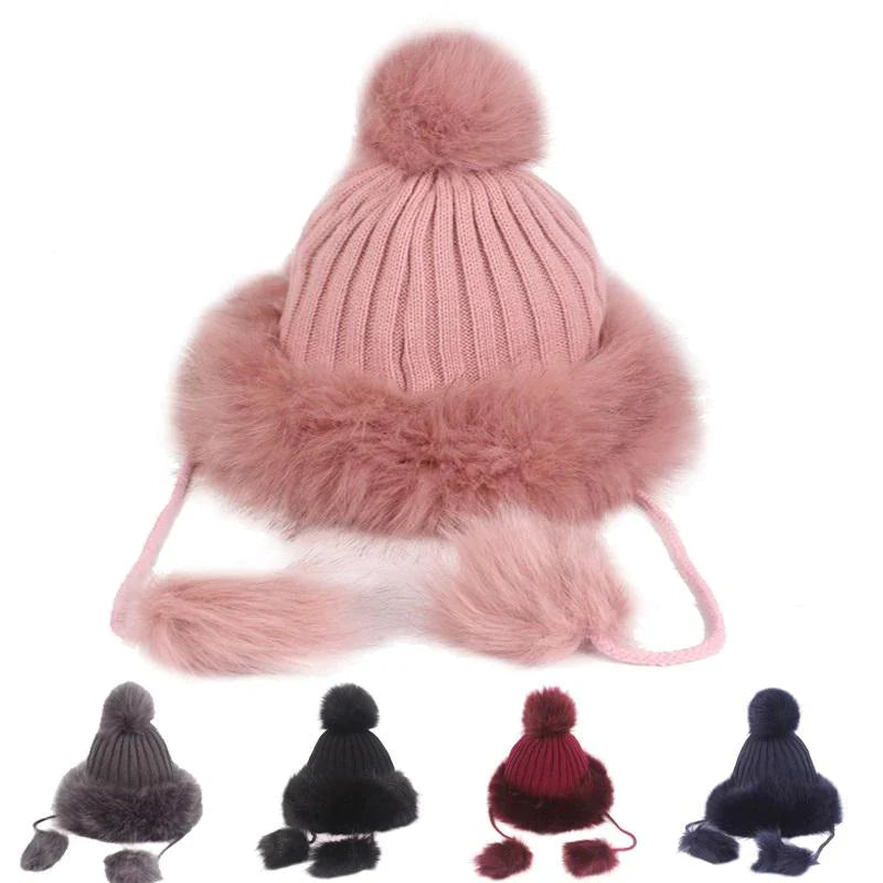 Vintage Women Artificial Rabbit Fur Knit Hat Winter Thicken Warm Ski Beanie Cap Main image