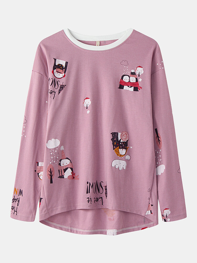 Women's Cartoon Print O-Neck Loose Pajama Set