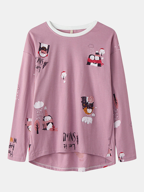 Women's Cartoon Print O-Neck Loose Pajama Set