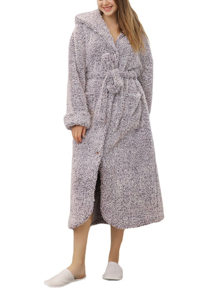 Women's Warm Fleece Hooded Robe with Belt and Buttons