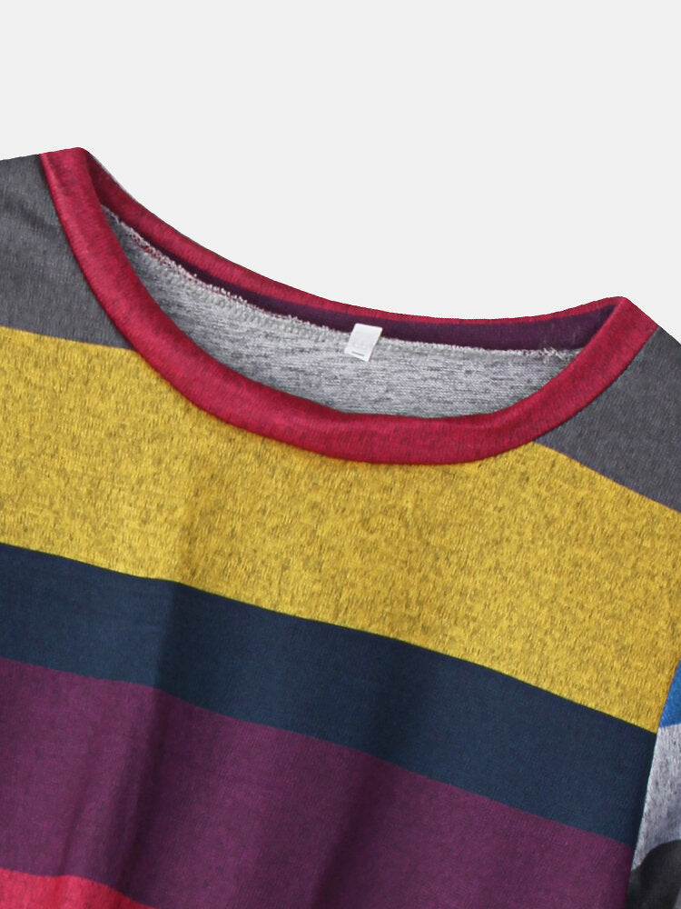 Women Multi-Color Striped O-Neck Twist Hem Long Sleeve T-Shirt
