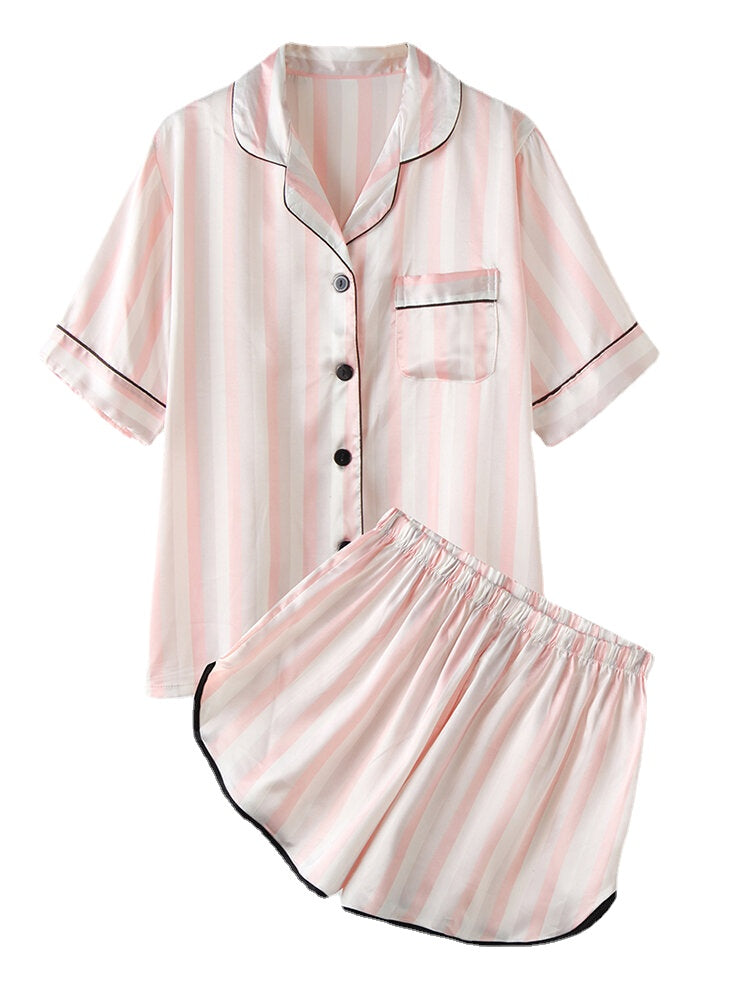 Women's Colorful Striped Revere Collar Silk Pajama Set with Pockets