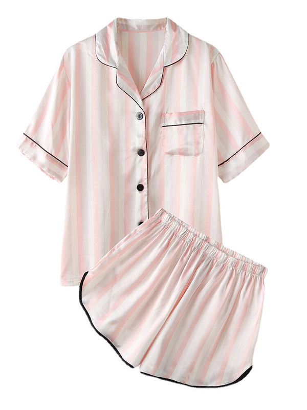 Women's Colorful Striped Revere Collar Silk Pajama Set with Pockets