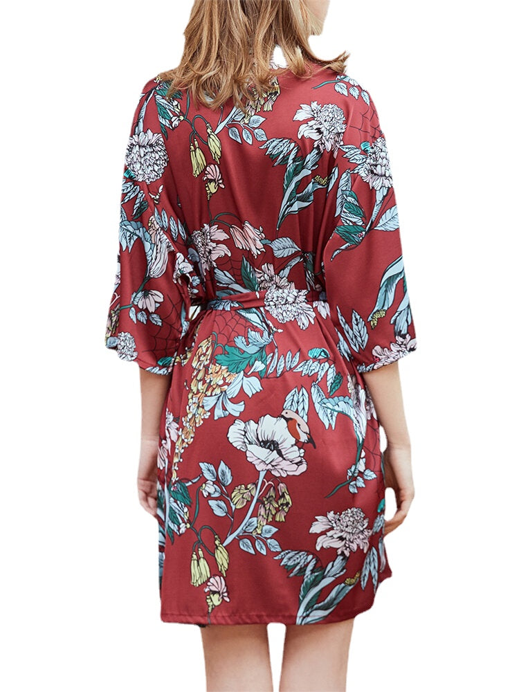Plus Size Floral Print Half Sleeve Faux Silk Sleepwear Robe for Women