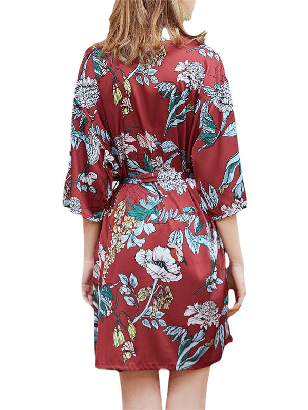 Plus Size Floral Print Half Sleeve Faux Silk Sleepwear Robe for Women