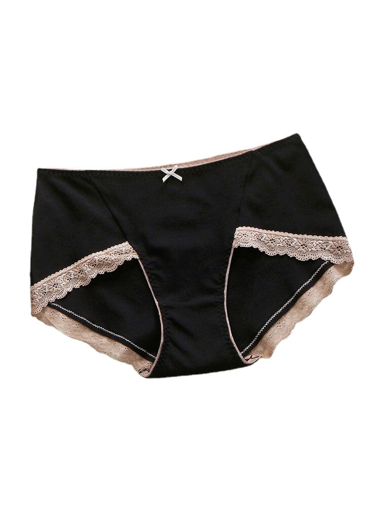 Plus Size Women's Ribbed Lace Trim Bow Cotton Panties - Cozy & Comfortable