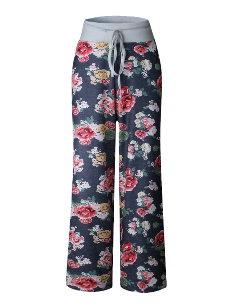Women Plus Size Allover Flowers Print Drawstring Waist Loose Casual Home Pajamas Pants