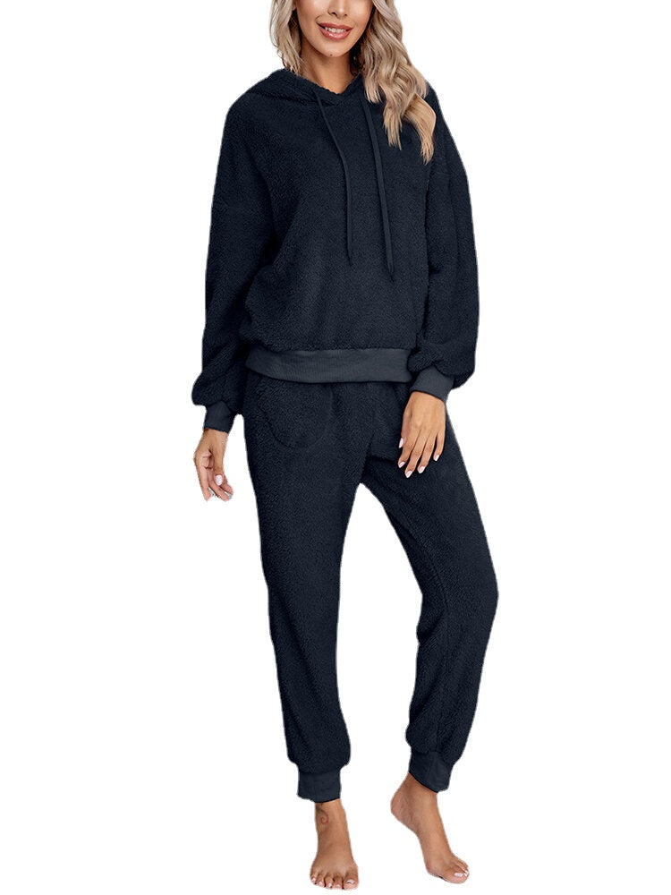 Women Soft Solid Color Hoodie Pocket Elastic Waist Jogger Pants Home Plush Pajama Set
