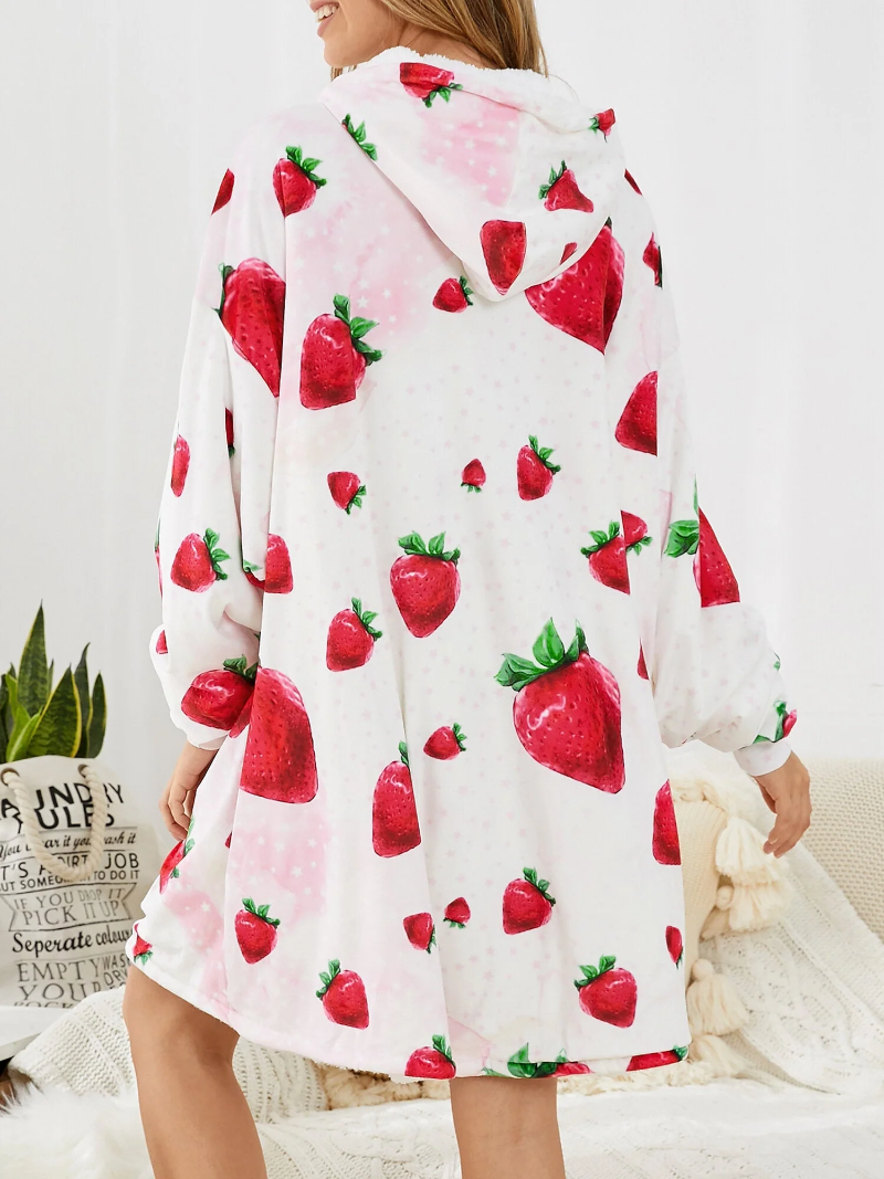 Women Cute Strawberry Print Thicken Blanket Hoodie Oversized Robes With Kangaroo Pocket Main image