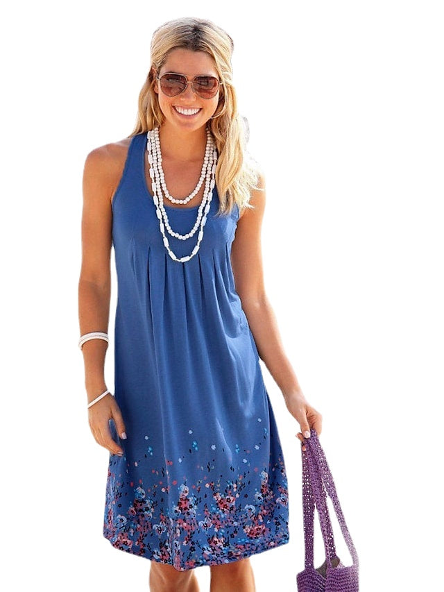 Women's Sleeveless Floral Print Crew Neck Holiday Dress