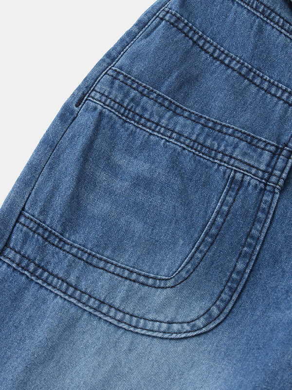 Women Casual Zipper Fly Lace-Up Mid Waist Wide Leg Jeans With Pocket