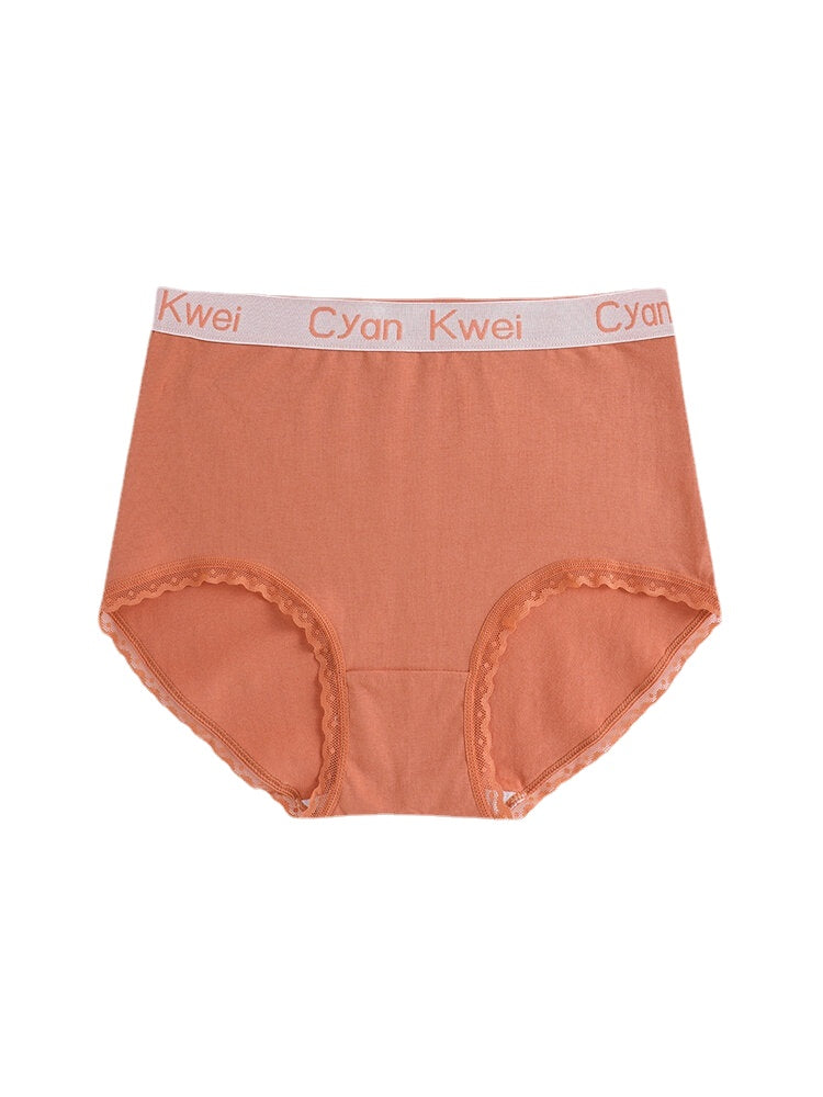 Women's Cotton Lace Trim Panties with Letter Waistband - Solid Color, Cozy Lining
