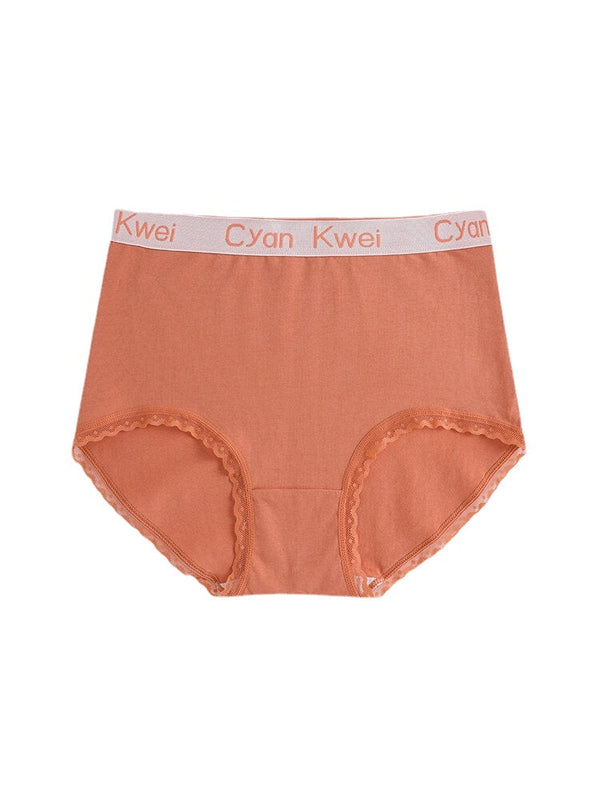 Women's Cotton Lace Trim Panties with Letter Waistband - Solid Color, Cozy Lining