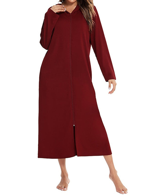 Women's Casual Midi Shift Dress with Pockets - Solid Color Hooded Lounge Wear