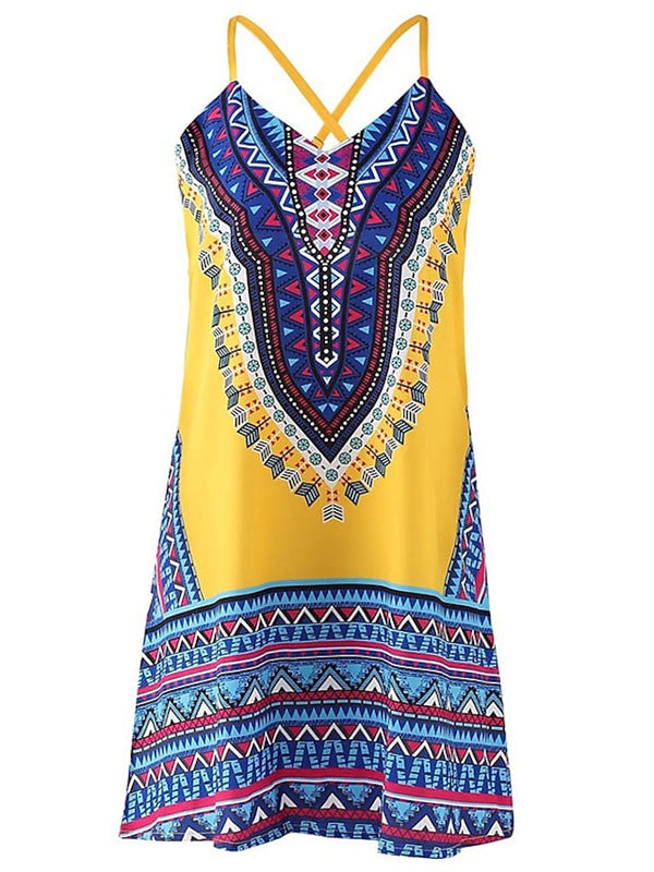 Women's Sleeveless Geometric Print Vacation Weekend Strap Dress