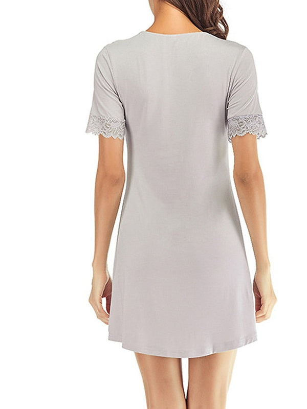 Women's Cozy Lace V-Neck Mini Dress - Casual Solid Color Lounge Wear