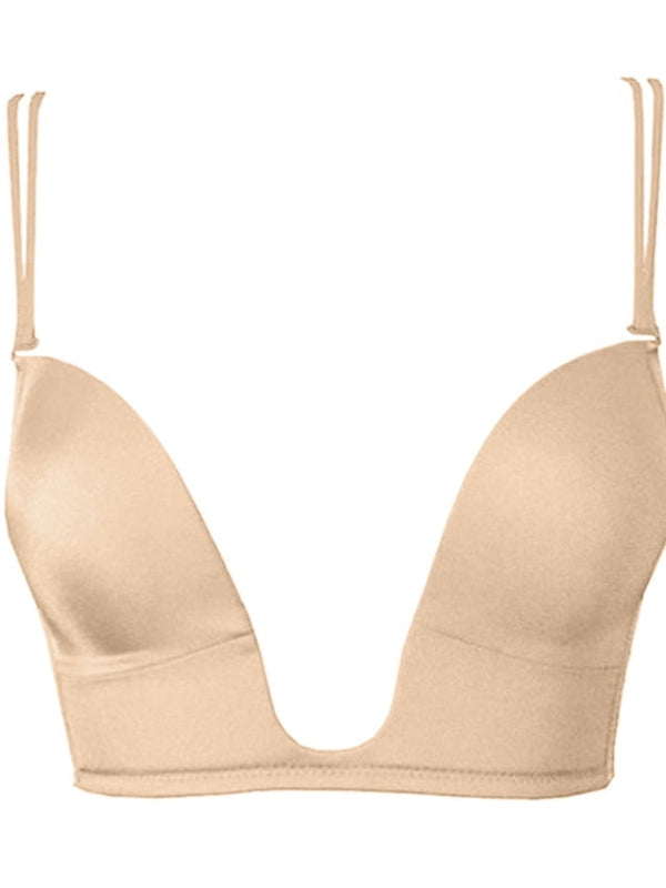 Women's Padded Bras Detachable Straps Demi Cup Shelf Bra Deep U Breathable Pure Color Hook & Eye