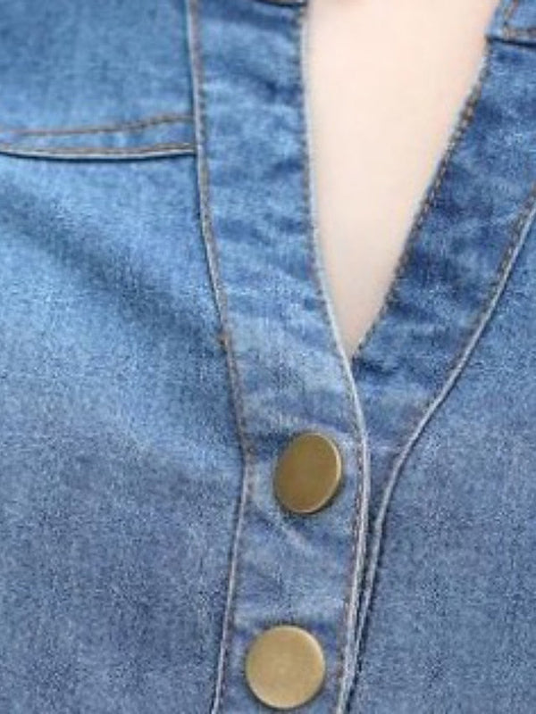Women's V-Neck Denim Mini Dress with Pockets - Short Sleeve Summer Style