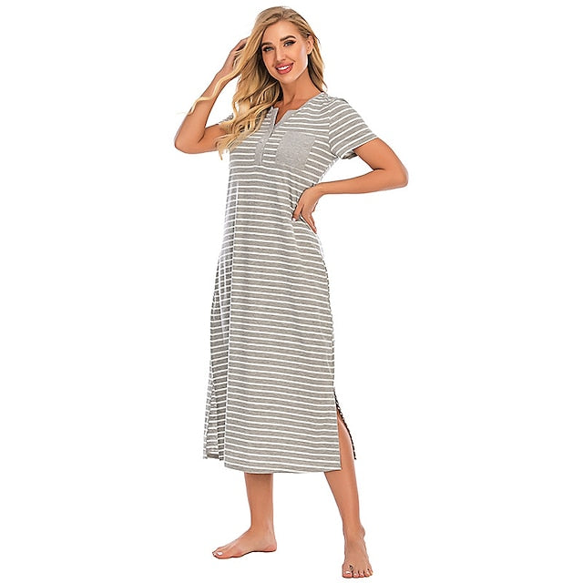 Women's Pajamas Nightgown Nighty Pjs Stripe Comfort Party Home Daily Cotton Gift Short Sleeve Spring Summer Royal Blue Grey