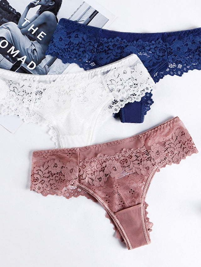 Womens Underwear Lace Hollow Out Hipster Panties Solid Color T Back Low Waist Ladies Briefs Secondary image