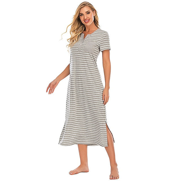 Women's Pajamas Nightgown Nighty Pjs Stripe Comfort Party Home Daily Cotton Gift Short Sleeve Spring Summer Royal Blue Grey