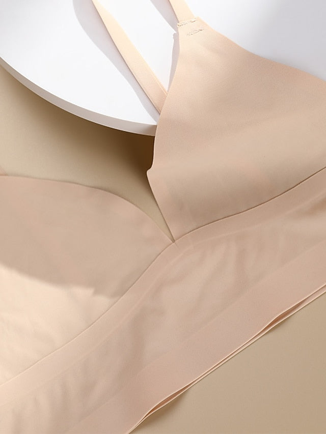 Women's Wireless Bras Sports Bras Fixed Straps Sheer Bras 3,4 Cup V Neck Yoga Breathable Push Up Pure Color Pull-On Closure Sport Date Casual Daily Nylon 1PC Beige , Bras & Bralettes , 1 PC