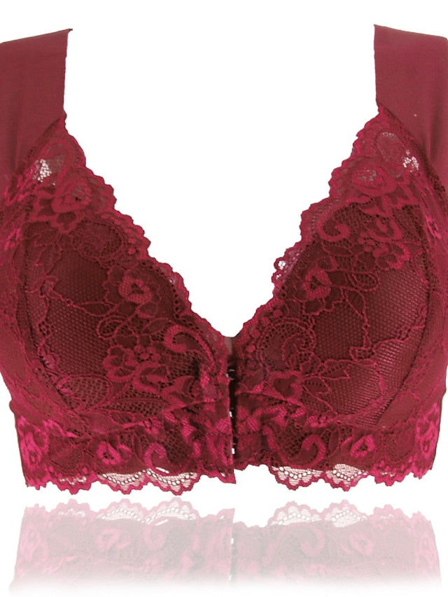 Women's Lace Bras Fixed Straps Sheer Bras Full Coverage V Neck Breathable Lace Pure Color Front Closure Date Casual Daily