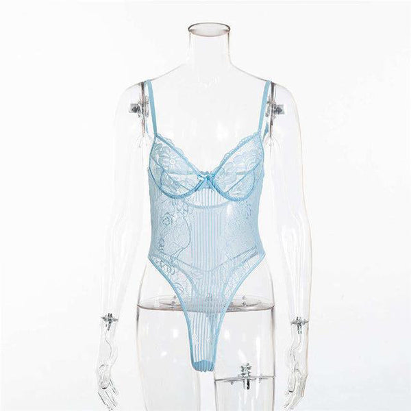 Sexy Floral Embroidery Hollow Out Bow Tie Sheer Lace Bodysuit For Women